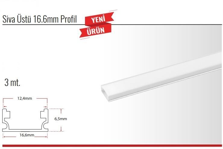 BAR LED KANALI-16.6*6.5*12.4 SIVA ÜSTÜ ALİMİNYUM DÜZ TİP KAPAK DAHİL 1 BOY 3 mt FİYATIDIR