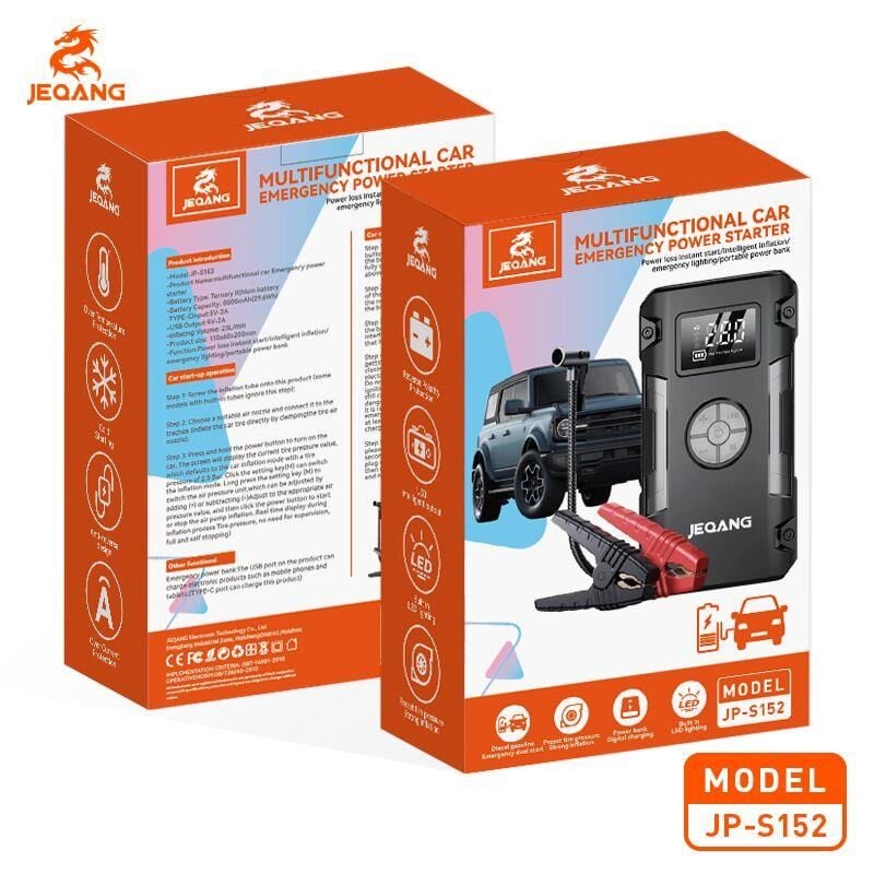 JP-S152 ARAÇ AKÜ TAKVİYE ŞOK CİHAZI + KOMPRESÖR + POWERBANK + EL FENERİ
