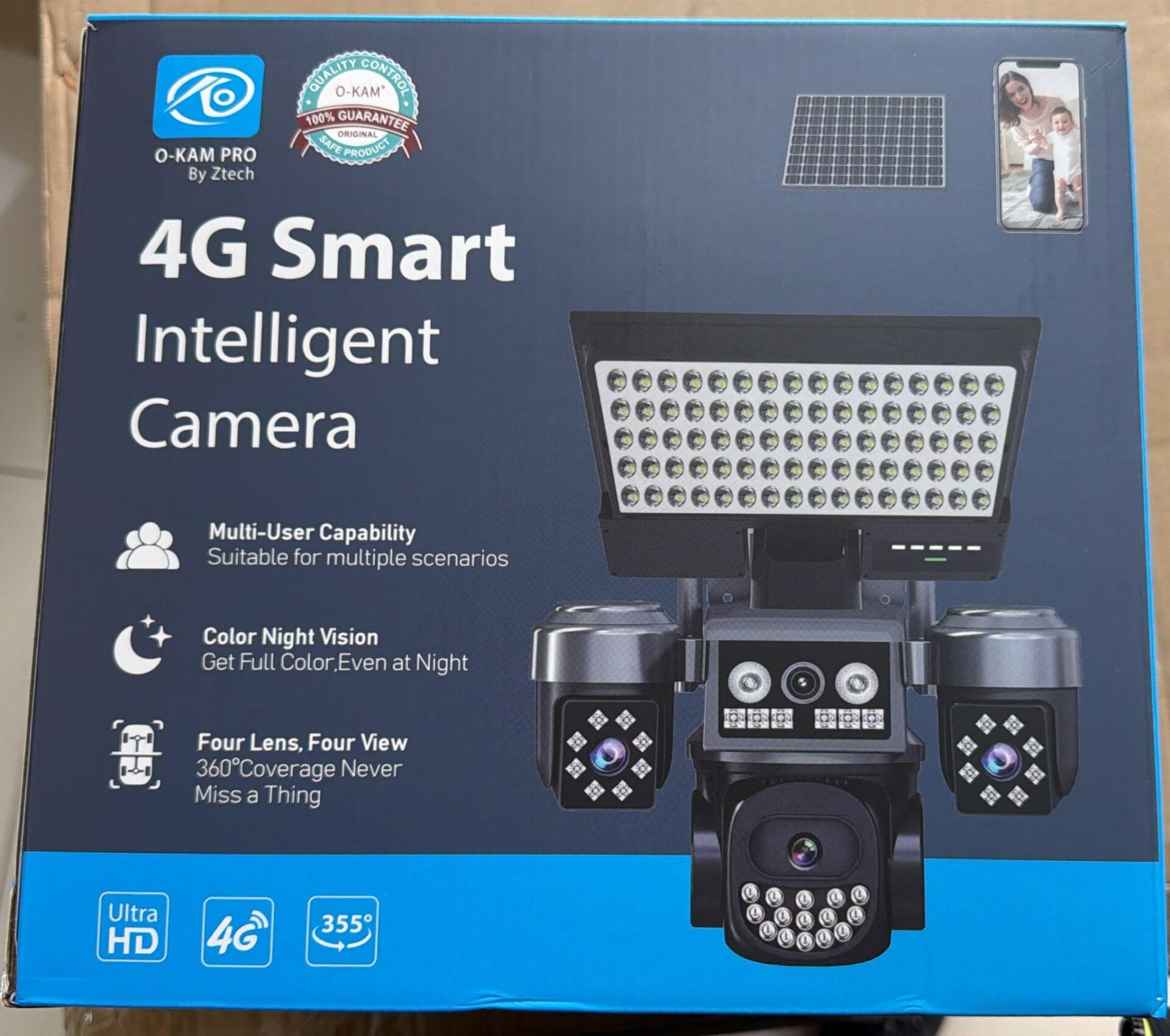 O-KAM OK-334 4 LENS ÜÇ PANEL + PROJEKTÖR 24SAAT ÇALIŞMA 4G SİM KARTLI SOLAR IP KAMERA