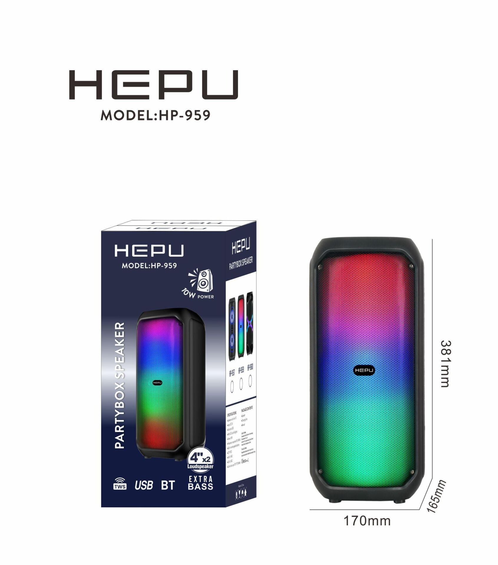 HEPU HP-959 RGB IŞIKLI 2X4''  2X10CM BLUETOOTH USB MÜZİK KUTUSU