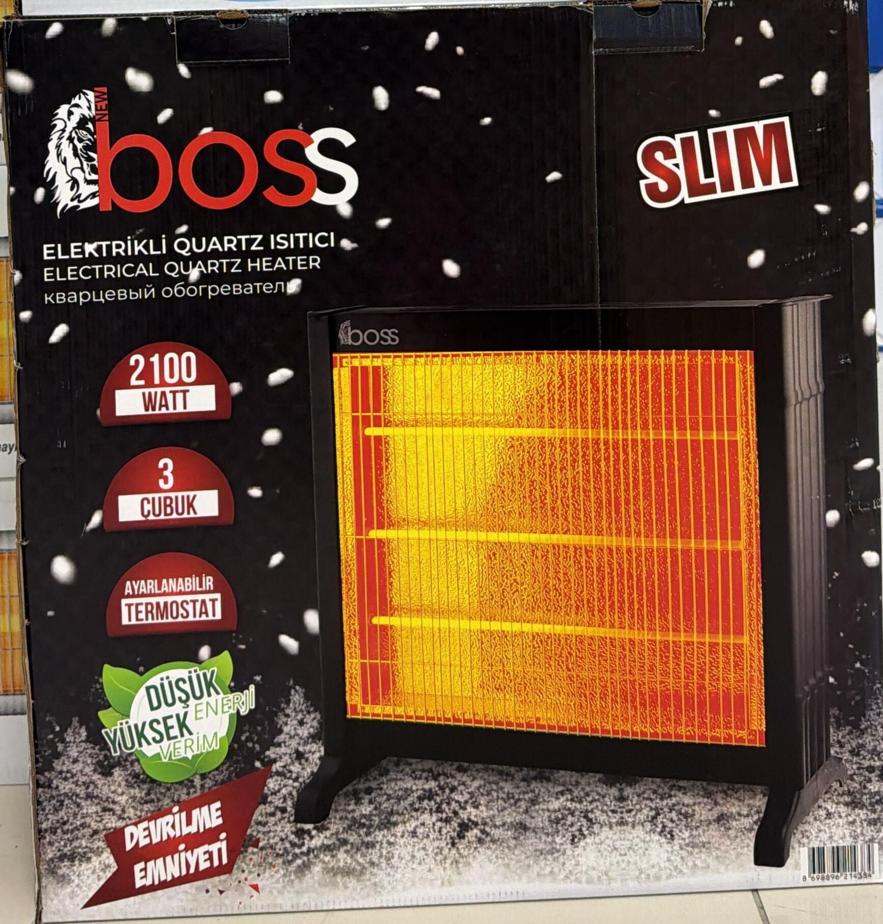 BOSS ŞÖMİNE TİP ISITICI SOBA 3 ÇUBUK 2100 WATT TERMOSTATLI EMNİYETLİ