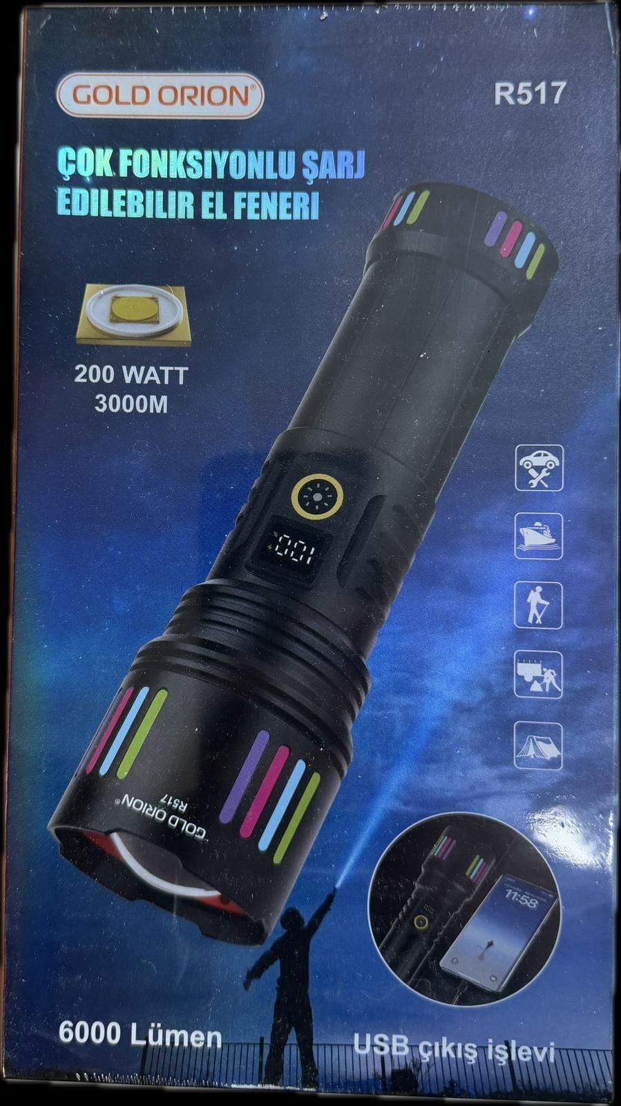 GOLDORION R517-200 WATT 6000 LÜMEN 9000 MA 38650 PİL  ZOOMLU USB ŞARJLI EL FENERİ
