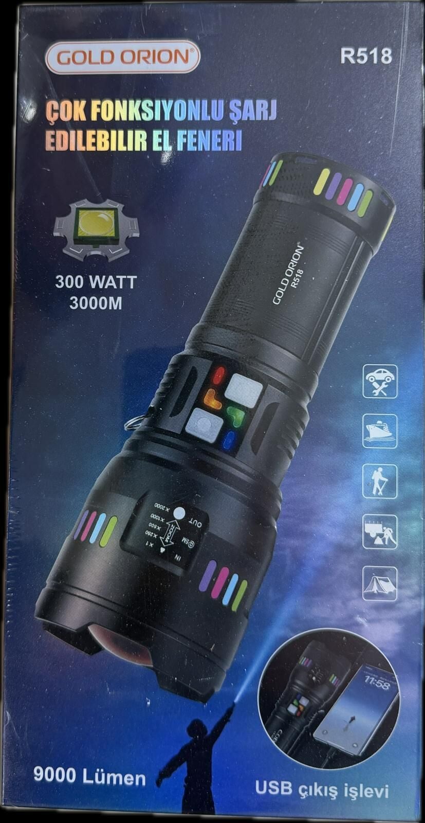 GOLDORION R518-300 WATT 9000 LÜMEN 12800 MA 4 ADET 18650 PİL  ZOOMLU USB ŞARJLI EL FENERİ