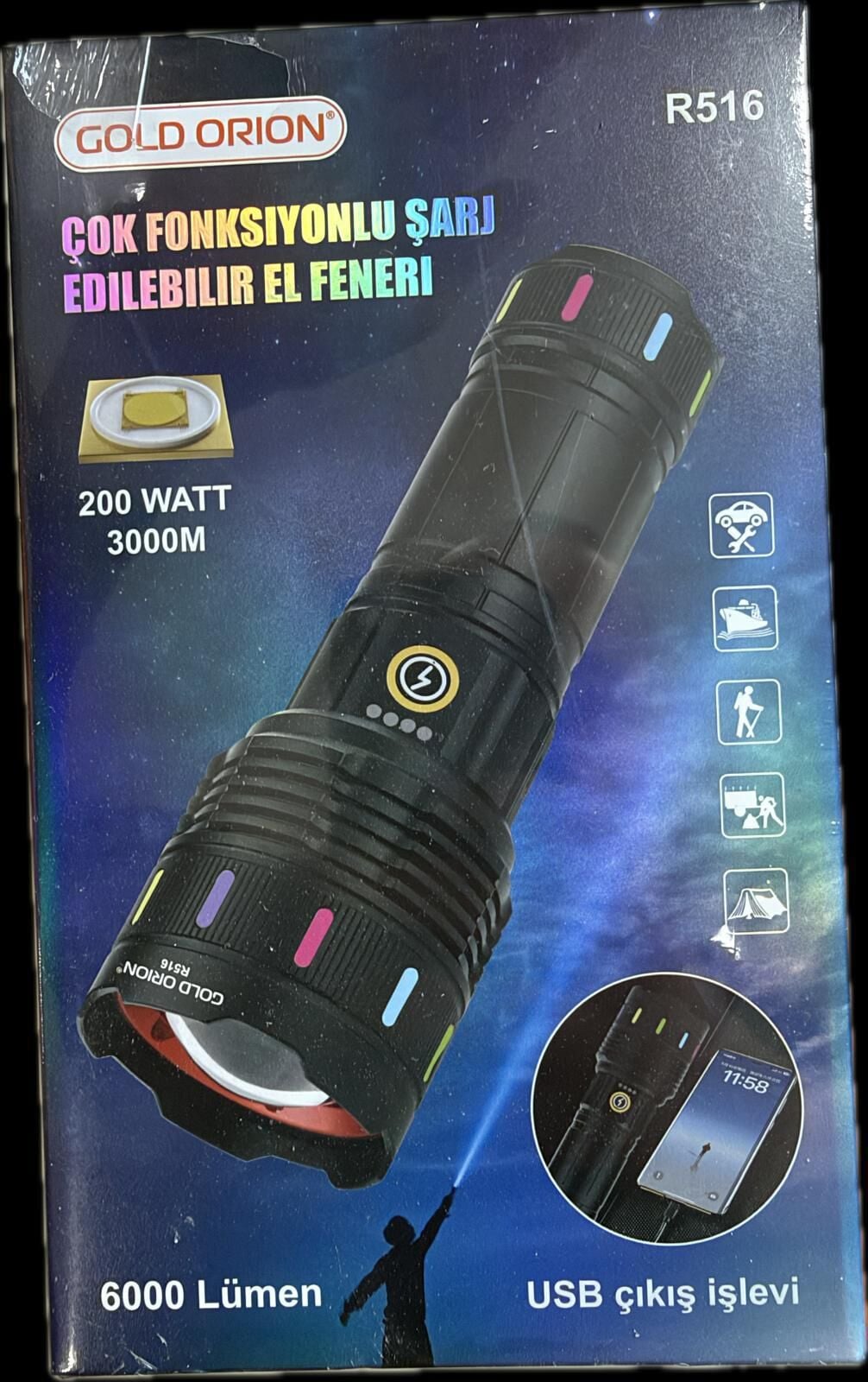 GOLDORION R516-200 WATT 6000 LÜMEN 9000 MA 38650 PİL  ZOOMLU USB ŞARJLI EL FENERİ