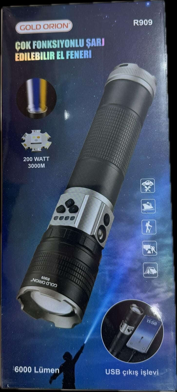 GOLDORION R909-200 WATT 6000 LÜMEN 18000 MA 401350 PİL  ZOOMLU USB ŞARJLI EL FENERİ