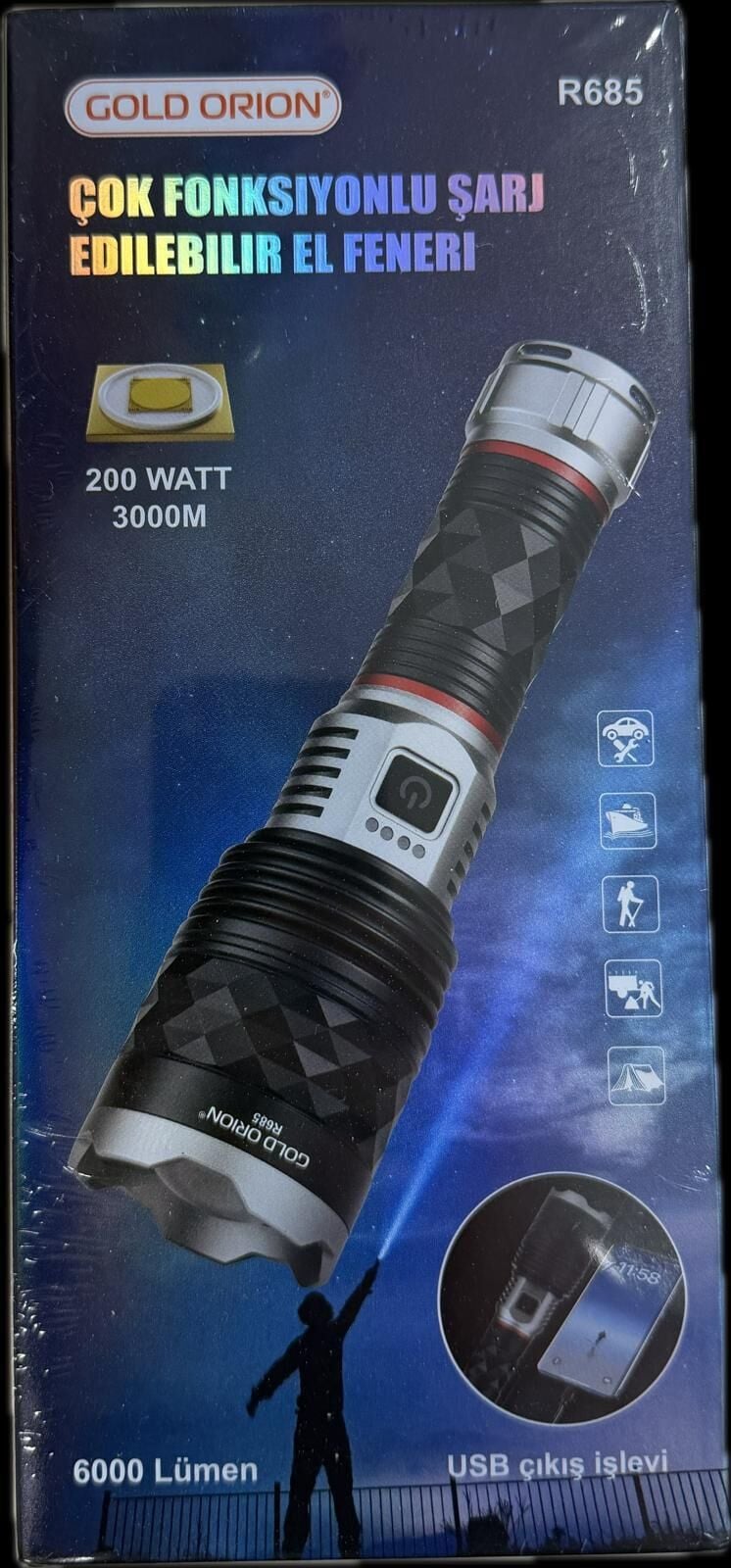 GOLDORION R685-200 WATT 6000 LÜMEN 10000 MA 26800 PİL  ZOOMLU USB ŞARJLI EL FENERİ