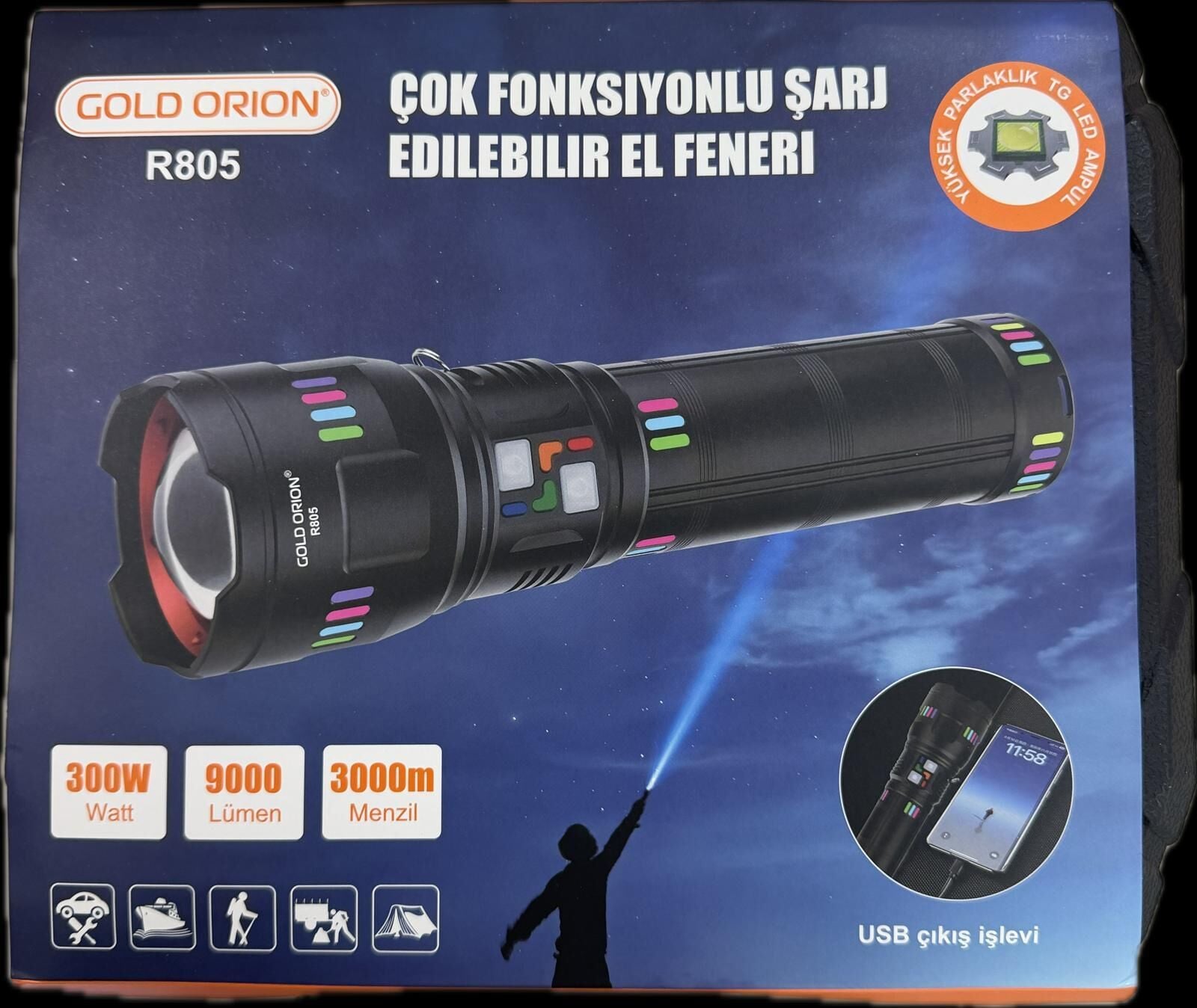 GOLDORION R805-300 WATT 9000 LÜMEN 24000 MA 4 ADET 181350 PİL  ZOOMLU USB ŞARJLI EL FENERİ