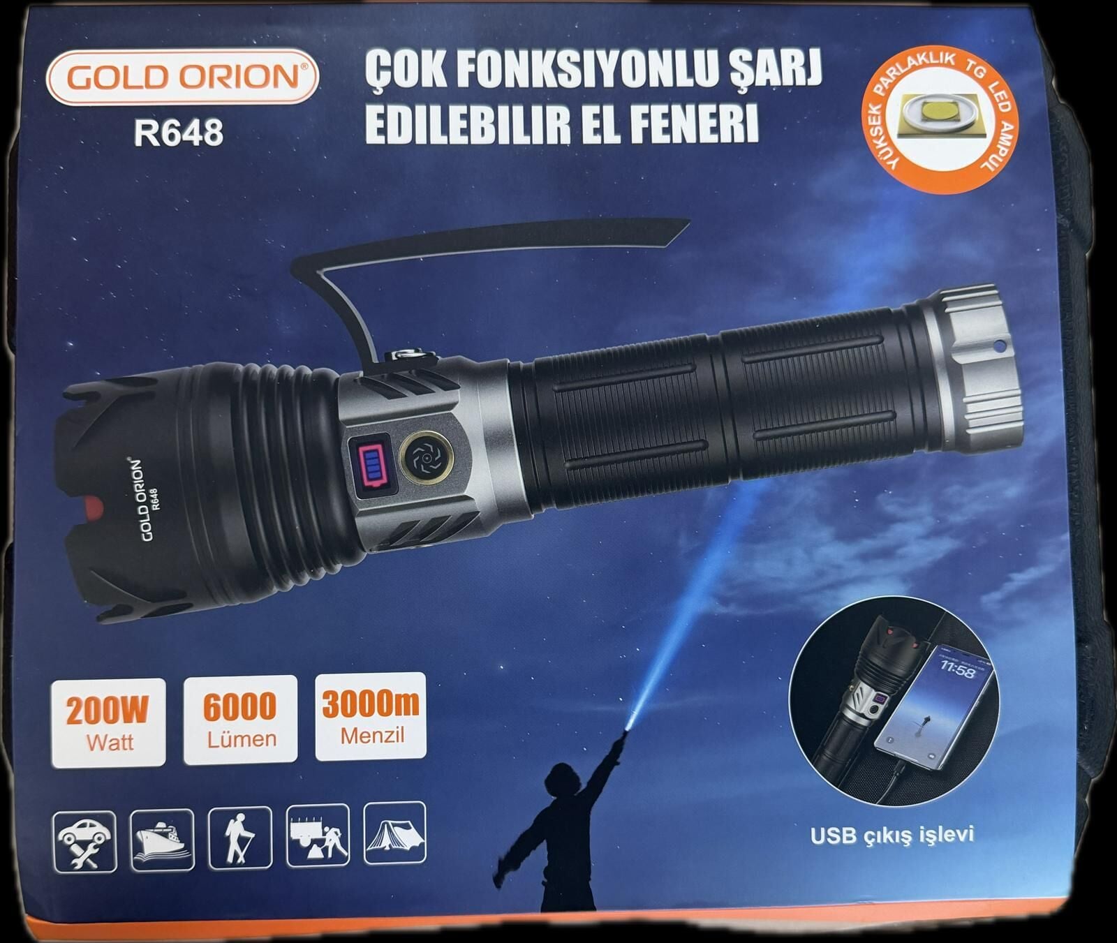 GOLDORION R648-200 WATT 6000 LÜMEN 18000 MA 401350 PİL  ZOOMLU USB ŞARJLI EL FENERİ