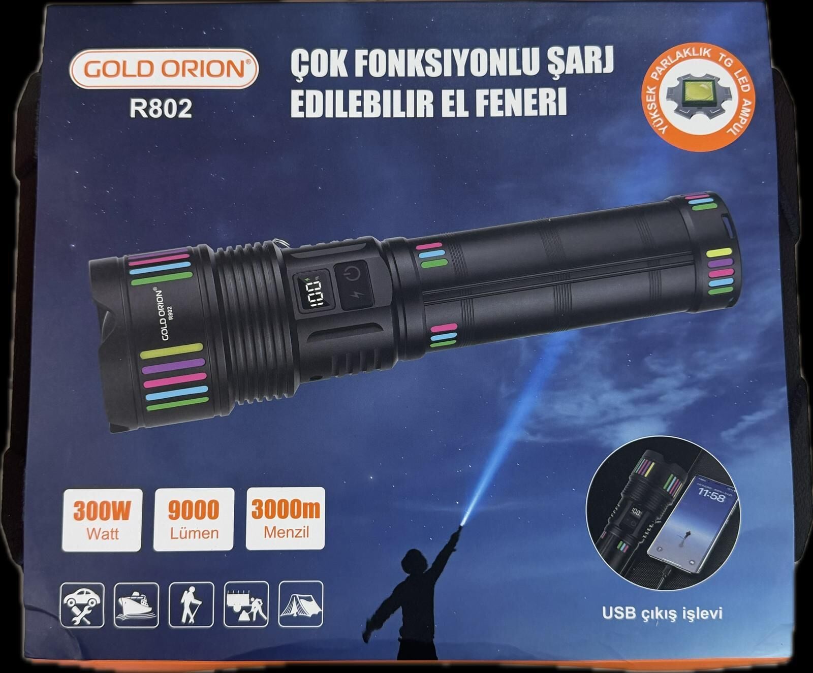 GOLDORION R802-300 WATT 9000 LÜMEN 24000 MA 4 ADET 181350 PİL  ZOOMLU USB ŞARJLI EL FENERİ