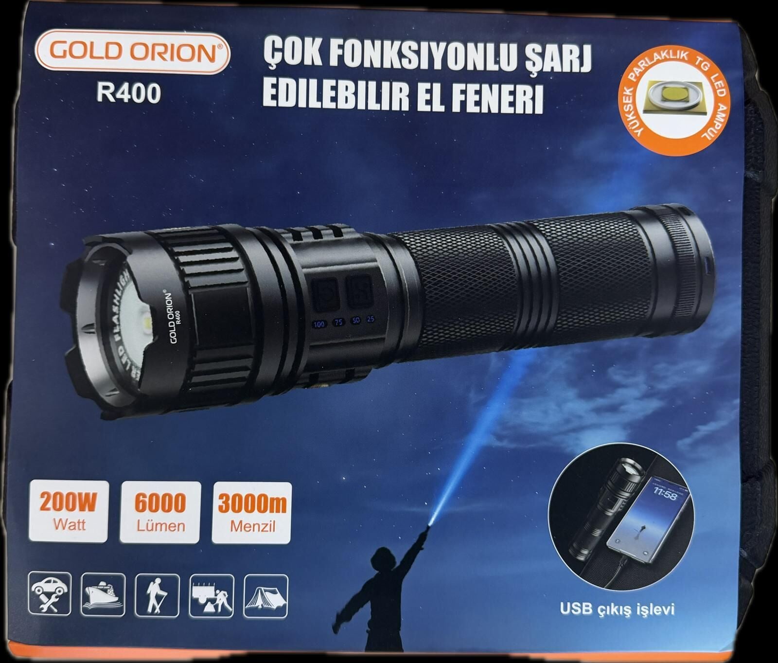 GOLDORION R400-200 WATT 6000 LÜMEN 24000 MA 4 ADET 181350 PİL  ZOOMLU USB ŞARJLI EL FENERİ