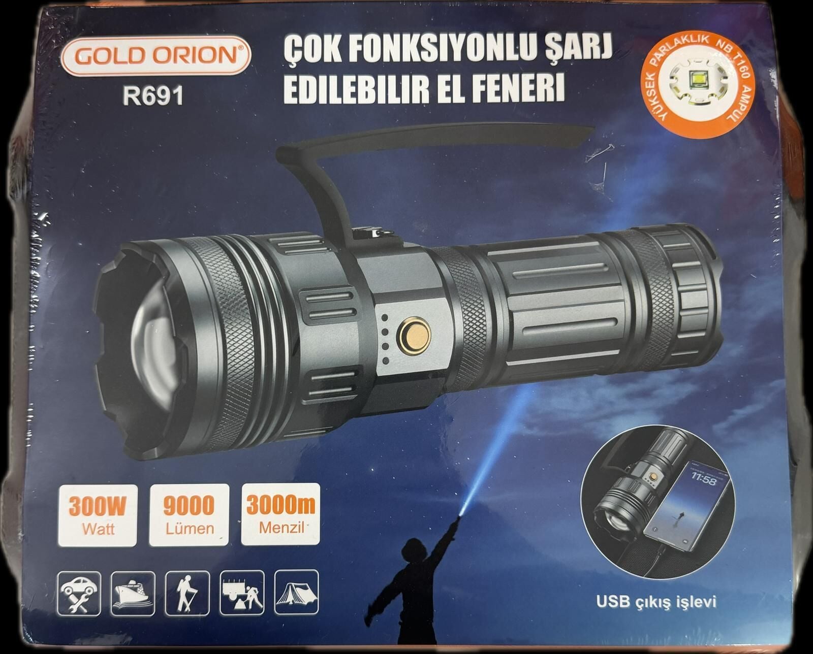 GOLDORION R691-300 WATT 9000 LÜMEN 32000 MA 46950 PİL  ZOOMLU USB ŞARJLI EL FENERİ