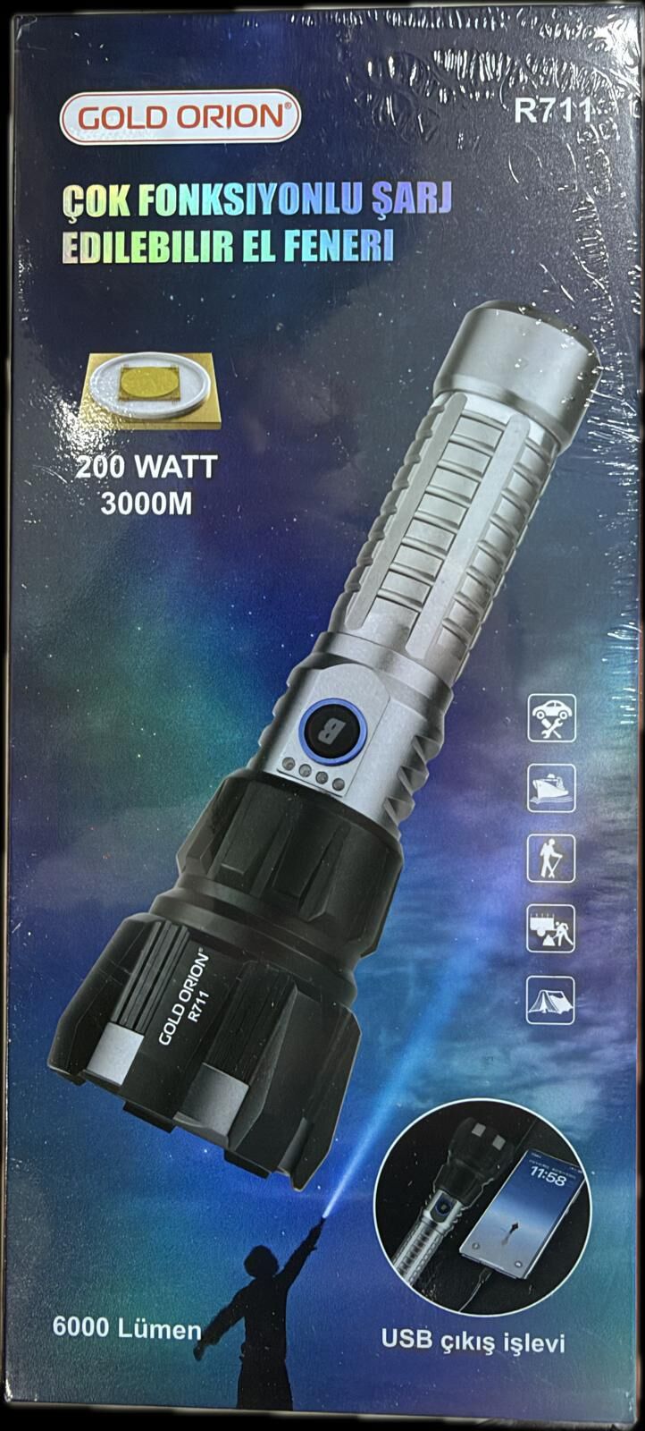 GOLDORION R711-200 WATT 6000 LÜMEN 8800 MA 26650 PİL  ZOOMLU USB ŞARJLI EL FENERİ