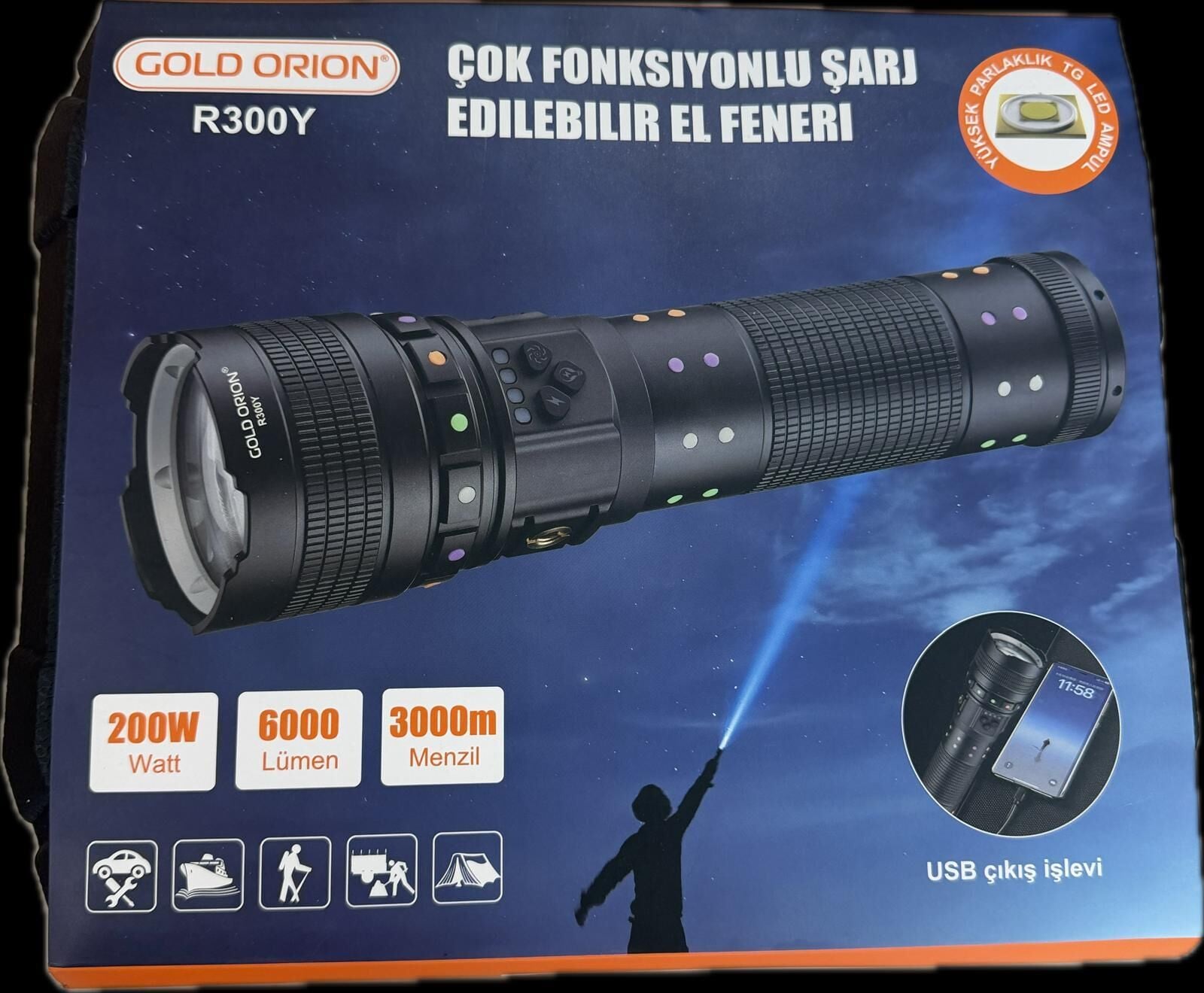 GOLDORION R300Y-200 WATT 6000 LÜMEN 24000 MA 4 ADET 181350 PİL  ZOOML USB ŞARJLI EL FENERİ