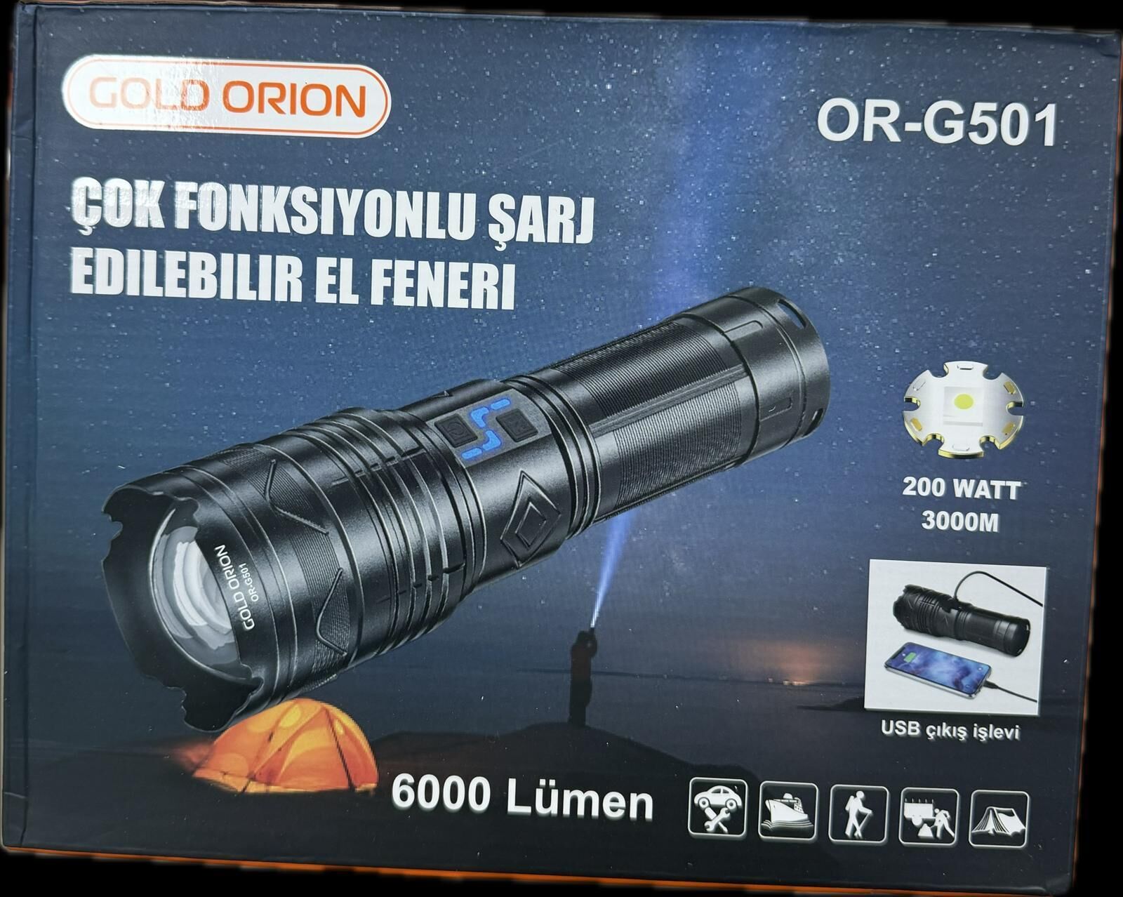 GOLDORION R501-200 WATT 6000 LÜMEN 12800 MA 4 ADET 18650 PİL  ZOOMLU USB ŞARJLI EL FENERİ