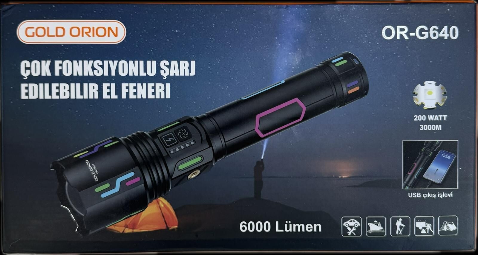 GOLDORION R640-200 WATT 6000 LÜMEN 15000 MA 33140 PİL  ZOOMLU USB ŞARJLI EL FENERİ