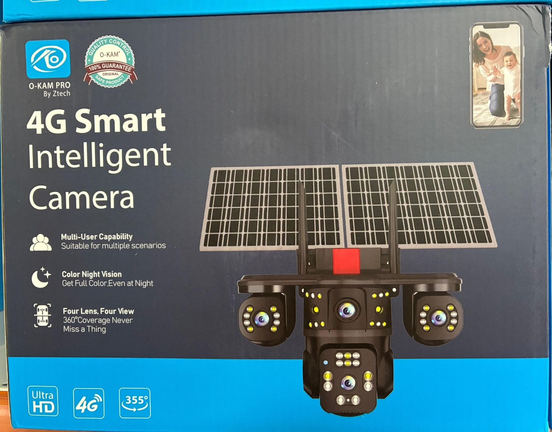 O-KAM OK-341 PREMİUM 4 LENS ÇİFT PANEL 24SAAT ÇALIŞMA ÇAKARLI 4G SİM KARTLI IP KAMERA