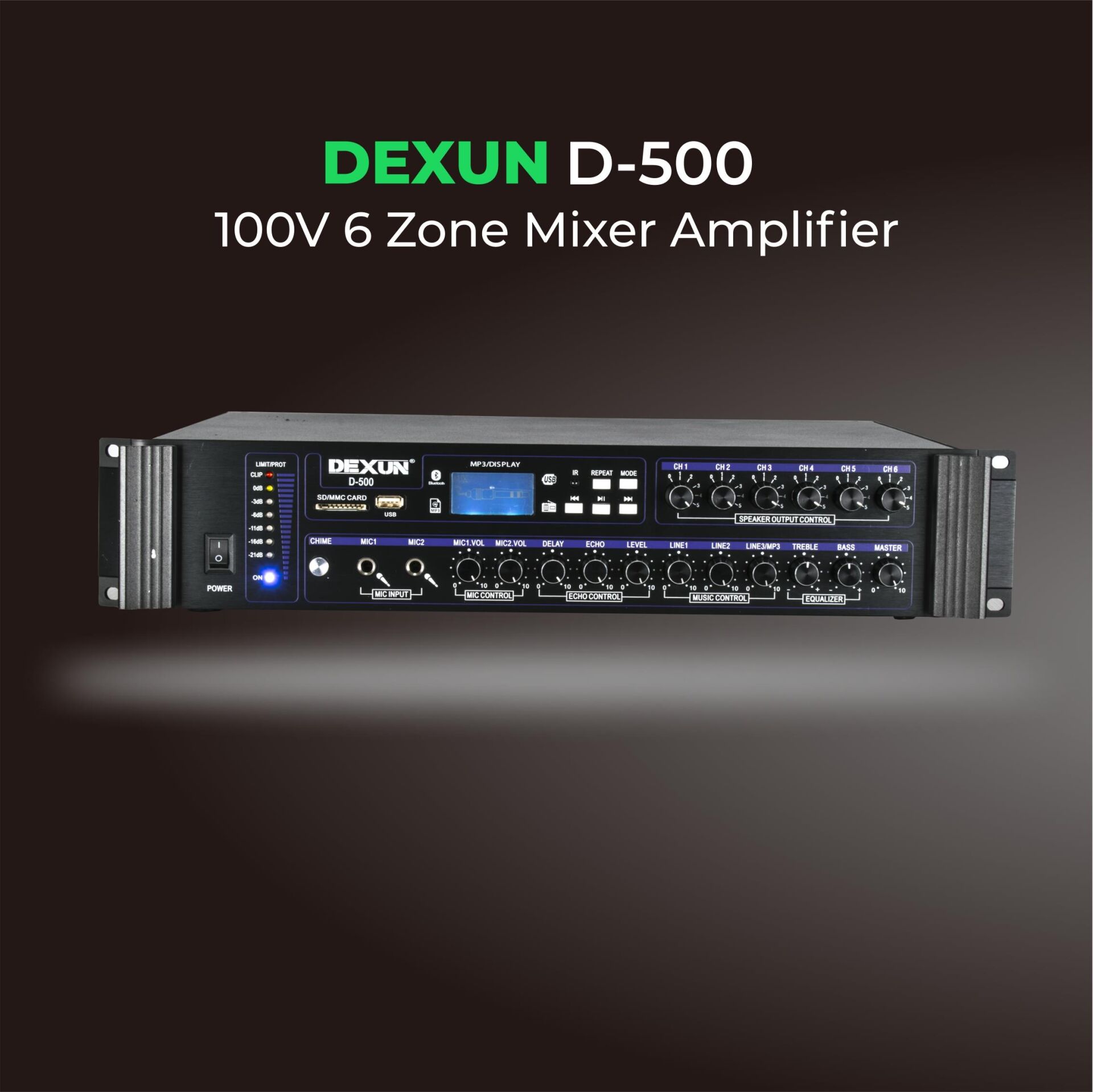 DEXUN D-500-USB+BT 2 MİKROFON+AUX GİRİŞLİ BAS TİZ 700 WATT 6 BÖLGELİ TRAFOLU ANFİ