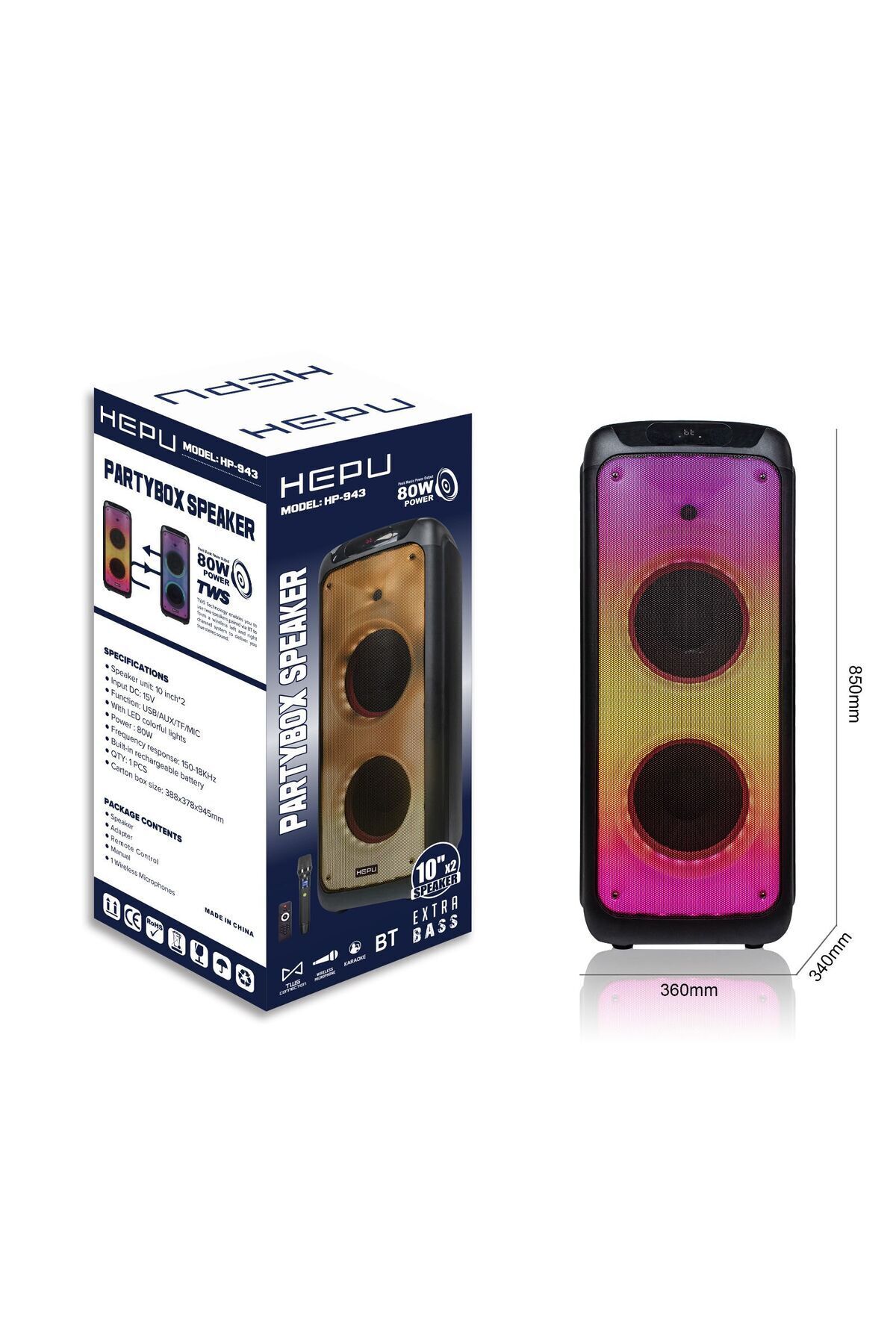 HEPU HP-943 2X10'' 2X25CM KABLOSUZ 1 EL MİKROFON BLUETOOTH ŞARJLI MÜZİK KUTUSU