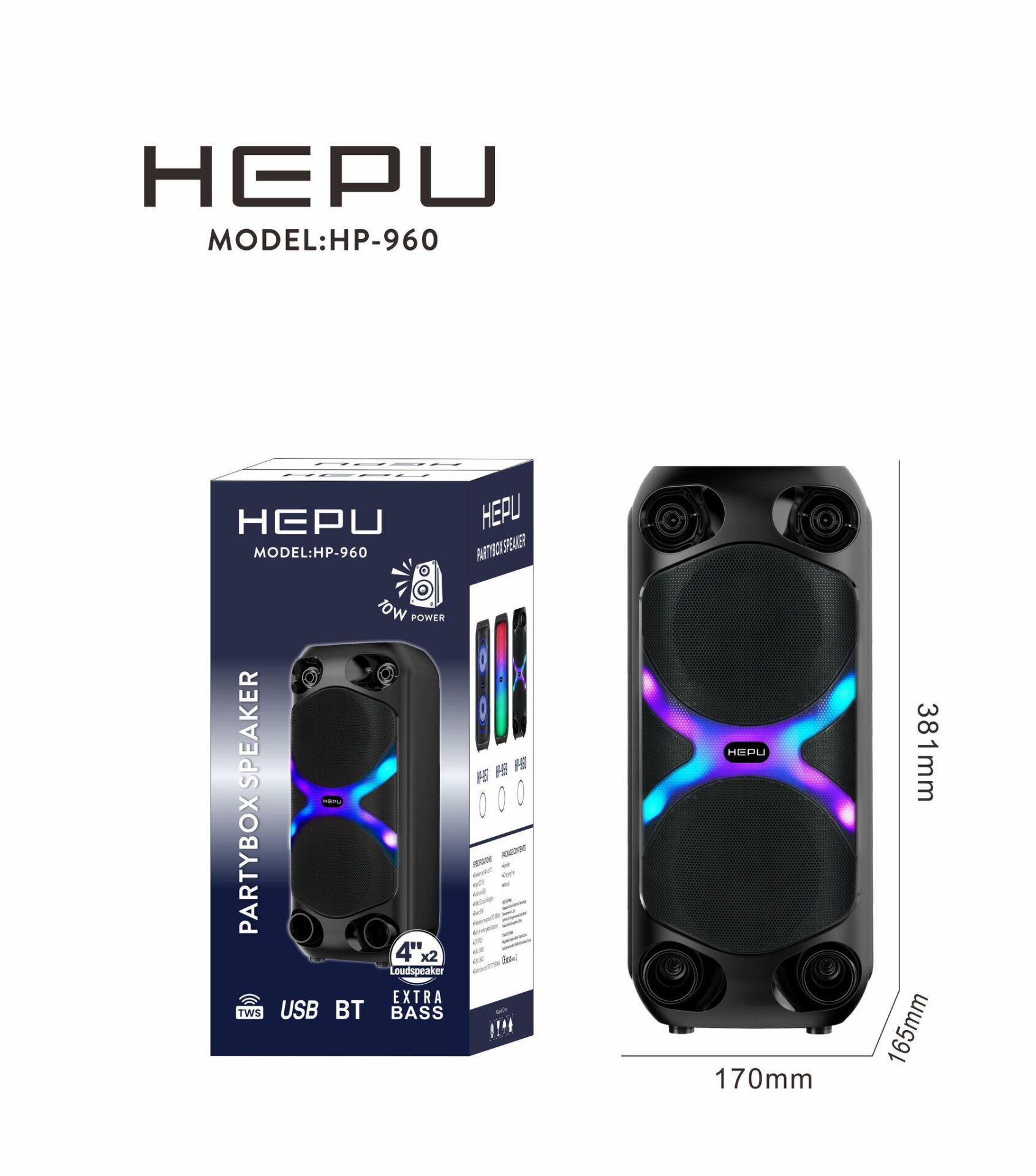 HEPU HP-960 RGB IŞIKLI 2X4''  2X10CM BLUETOOTH USB MÜZİK KUTUSU