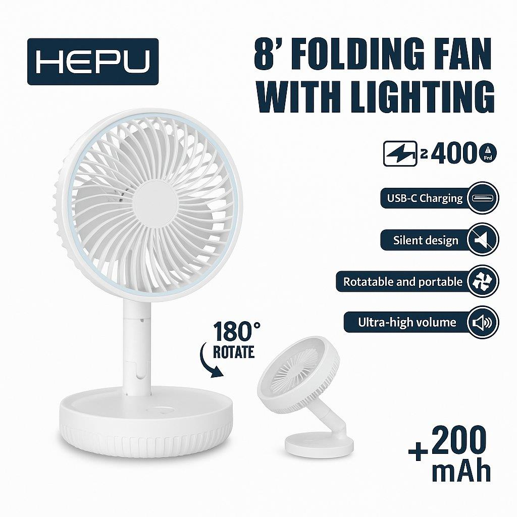 HEPU HP-F888 8'' 20CM Katlanabilir Işıklı Masaüstü Fan – 4000mAh (2x2000mAh) Batarya, 180°