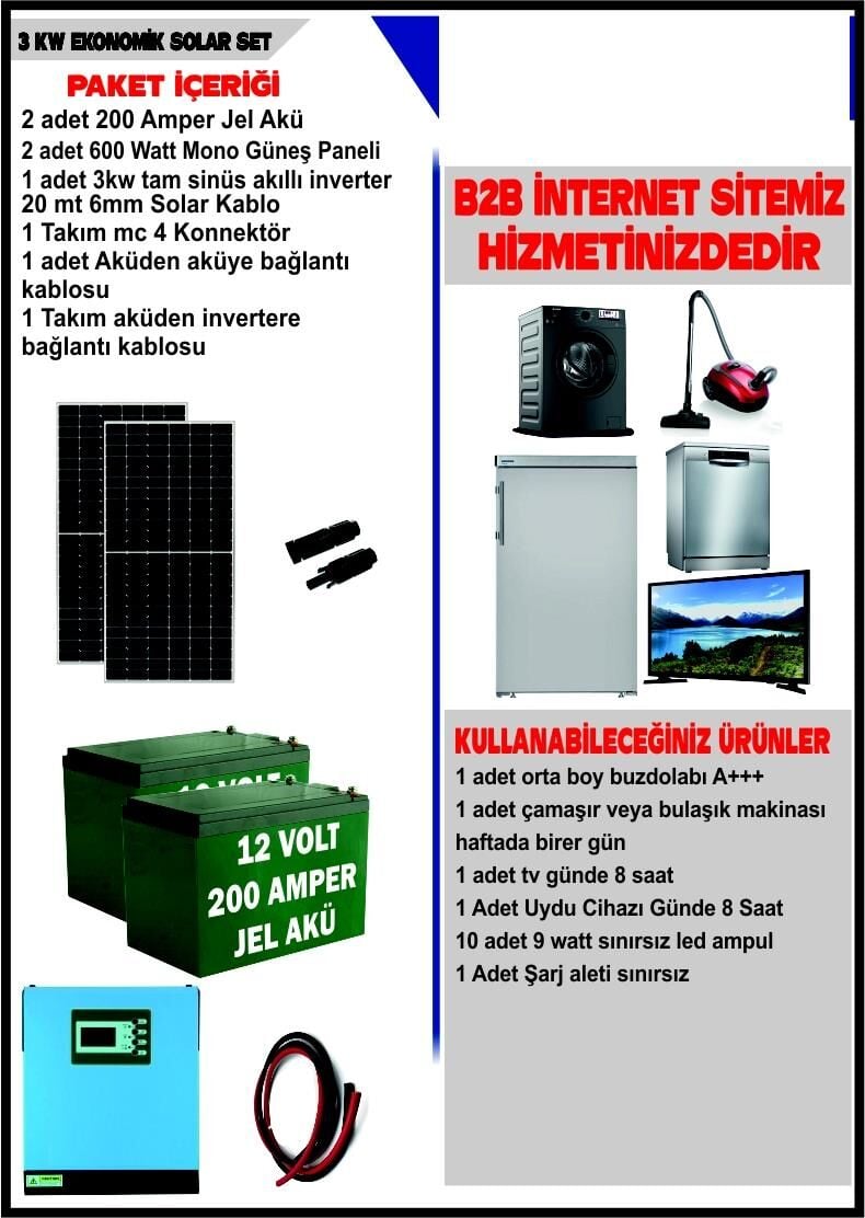 SOLAR 3 KW EKO SET-1200 WATT PANEL-400 AMPER JEL AKÜ - 3000WATT AKILLI TAM SİNÜS İNVERTER