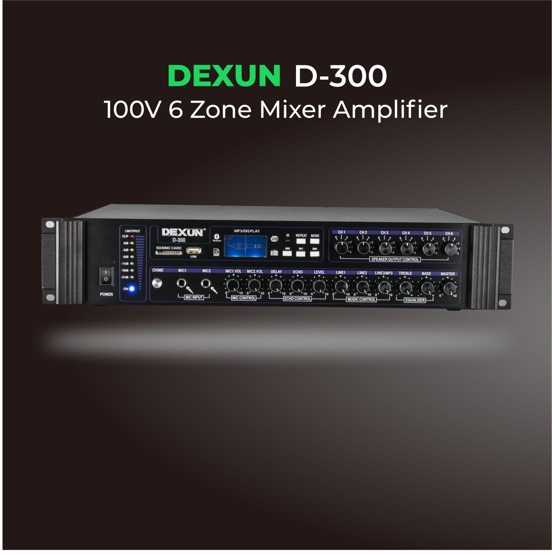 DEXUN D-300-USB+BT 2 MİKROFON+AUX GİRİŞLİ BAS TİZ 250 WATT 6 BÖLGELİ TRAFOLU ANFİ