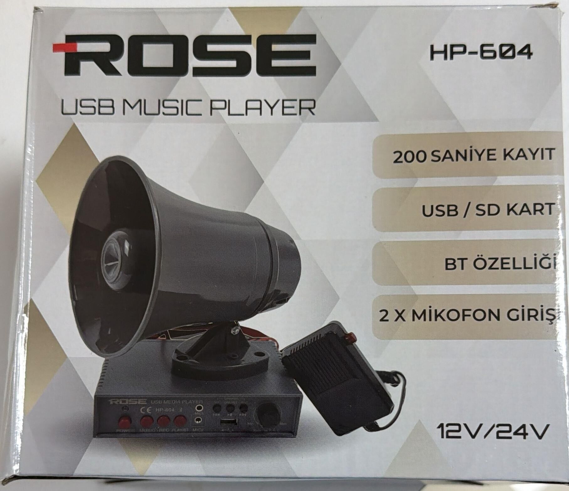 PAZARCI HOPARLÖR + ANFİ + MİKROFON SETİ KAYIT-USB-BLUETOOTH 12-24 VOLT ROSE HP-604