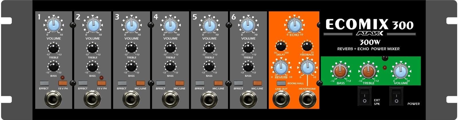 ATAK ECOMİX 300  EKO REVERP 6 KANAL 300 WATT MONO SESLENDİRME ANFİSİ