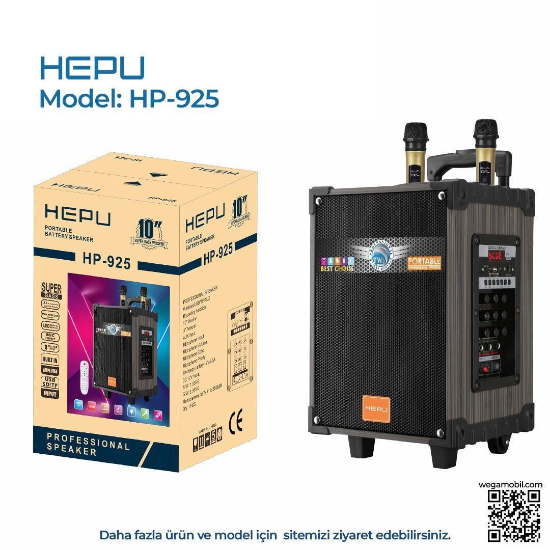 HEPU HP-925 10'' 25CM KABLOSUZ 2 EL MİKROFON ŞARJLI MÜZİK KUTUSU & MEVLÜT ANFİSİ
