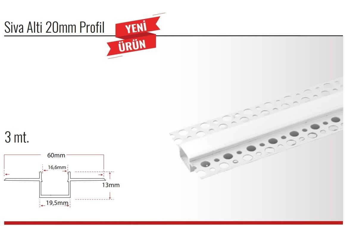 ALÇIPAN SIVA ALTI ALİMİNYUM LED PROFİİL KAPAK DAHİL 20*13*60 YP-0025 1 BOY 3 mt FİYATIDIR