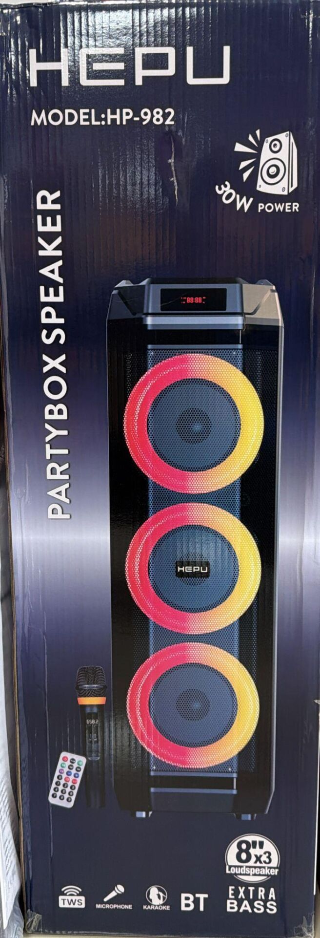HEPU HP-982 3X8'' KABLOSUZ 1 EL MİKROFON BLUETOOTH USB ŞARJLI RGB IŞIKLI MÜZİK KUTUSU