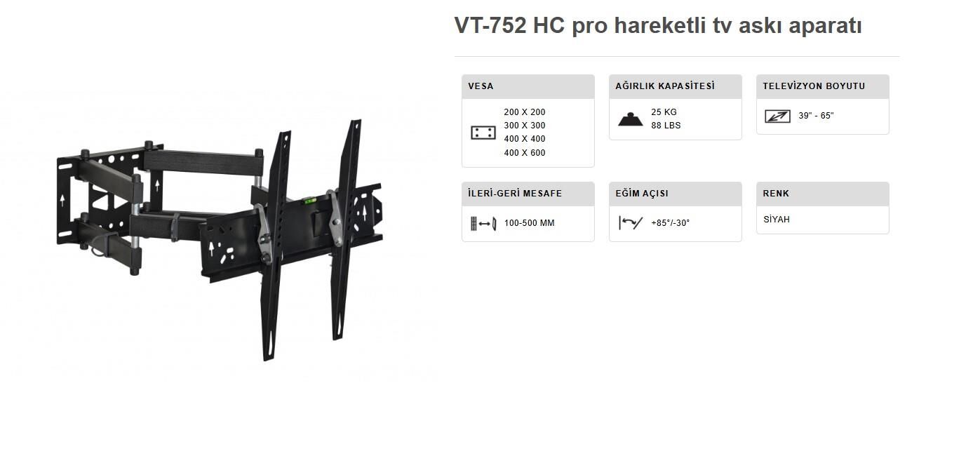 TV ASKI APARATI 39-65 INÇ ÇİFT KOLLU HARAKETLİ DUVAR TİPİ VONTECH VT 752 HC PRO