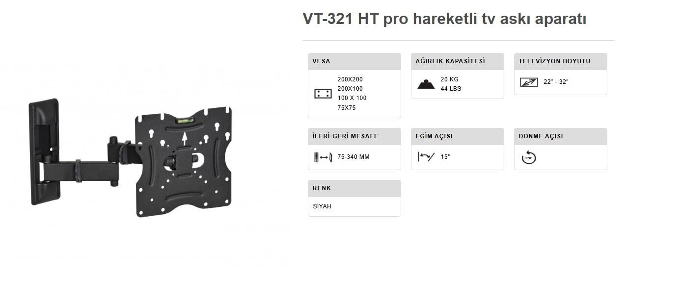 TV ASKI APARATI 22-32 INÇ ÇİFT KOLLU HARAKETLİ DUVAR TİPİ VONTECH VT 321 HT PRO