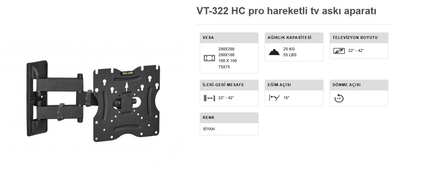 TV ASKI APARATI 22-42 INÇ ÇİFT KOLLU HARAKETLİ DUVAR TİPİ VONTECH VT 322 HC PRO