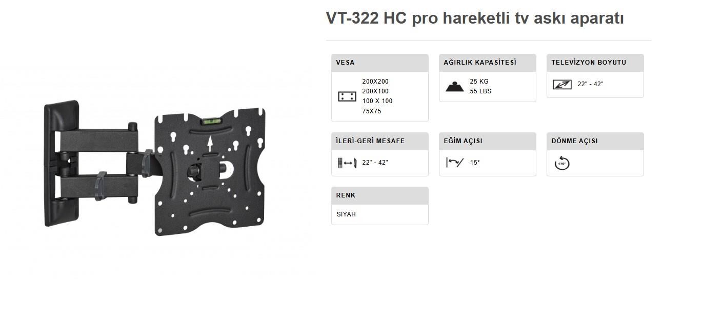 TV ASKI APARATI 22-42 INÇ ÇİFT KOLLU HARAKETLİ DUVAR TİPİ VONTECH VT 322 HC PRO