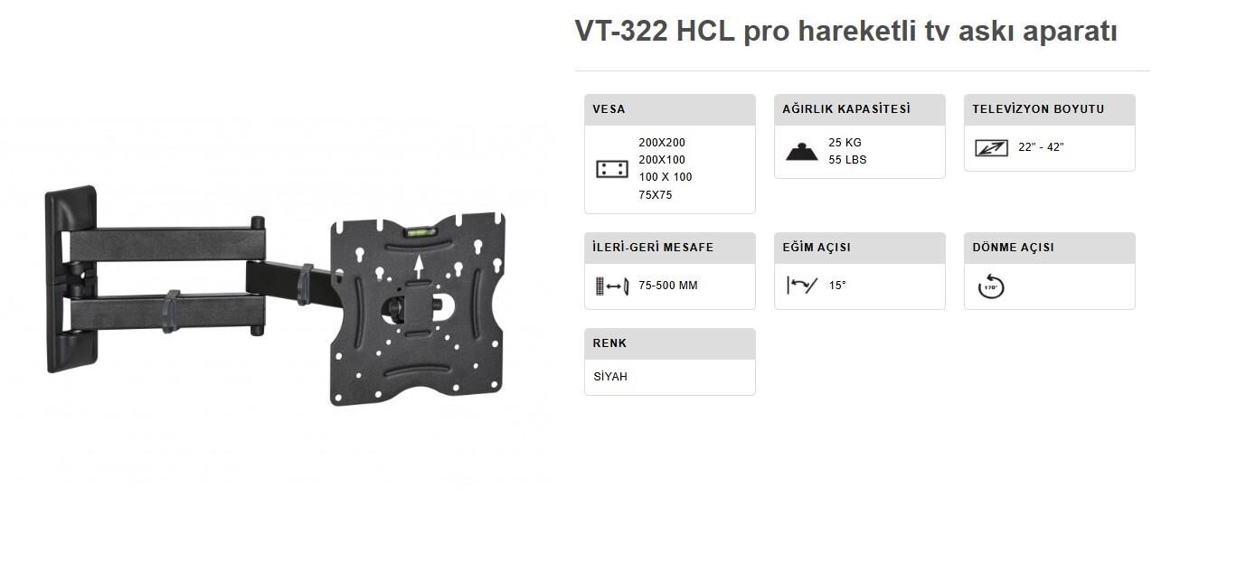 TV ASKI APARATI 22-42 INÇ ÇİFT KOLLU HARAKETLİ DUVAR TİPİ VONTECH VT 322 HCL PRO