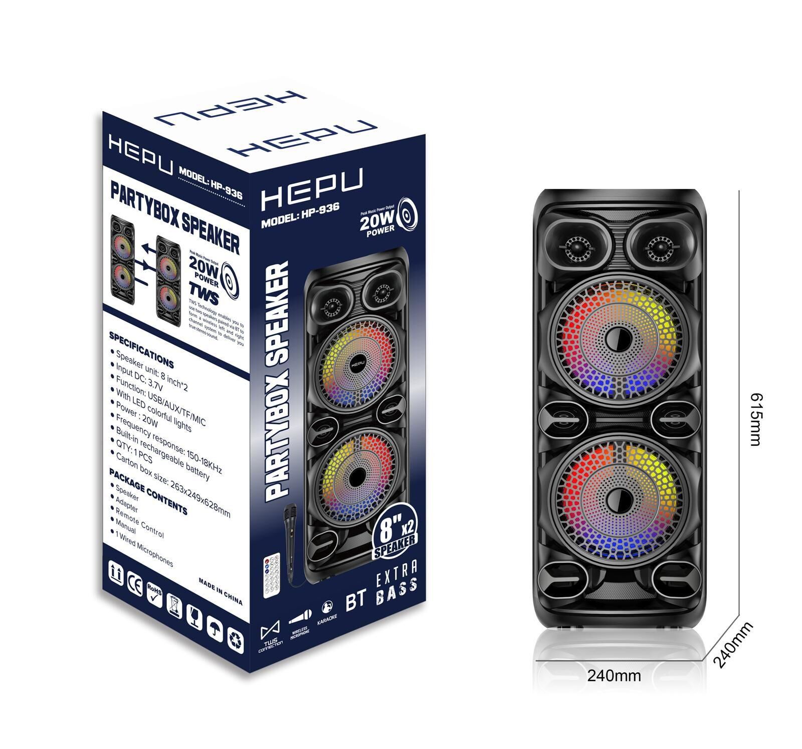 HEPU HP-936 2X8'' KABLOLU 1 EL MİKROFON BLUETOOTH USB ŞARJLI RGB IŞIKLI MÜZİK KUTUSU