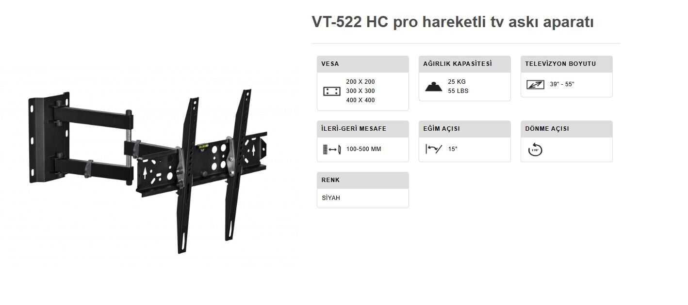 TV ASKI APARATI 39-55 INÇ ÇİFT KOLLU HAREKETLİ DUVAR TİPİ VONTECH VT 522 HC PRO