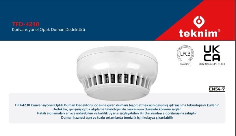 TEKNİM TFD-4230 KONVANSİYONEL OPTİK DUMAN DEDEKTÖRÜ (TABAN HARİÇ)