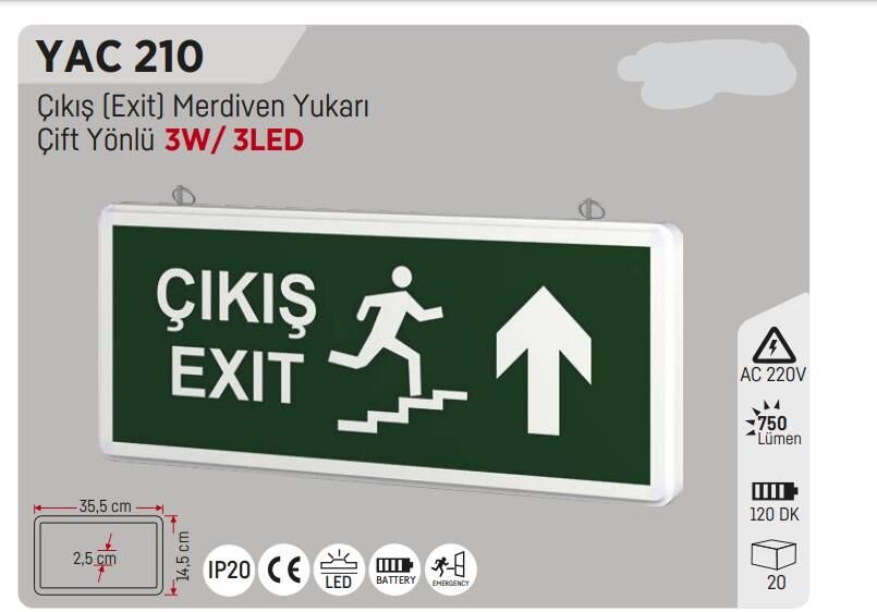 YCL YAC-210 MERDİVEN YUKARI ÇIKIŞ EXİT LEVHASI ŞARJLI LEDLİ