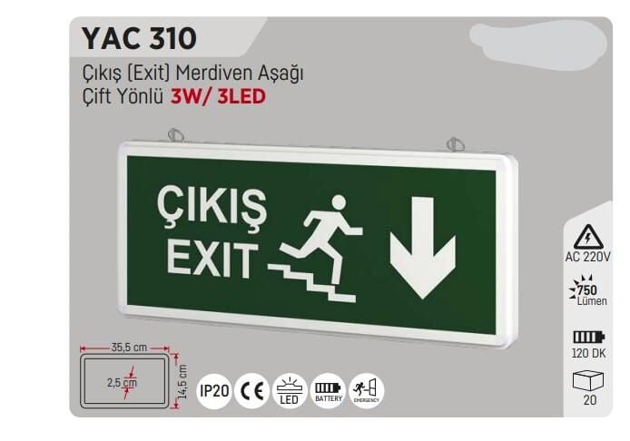 YCL YAC-310 MERDİVEN AŞAĞI ÇIKIŞ EXİT LEVHASI ŞARJLI LEDLİ