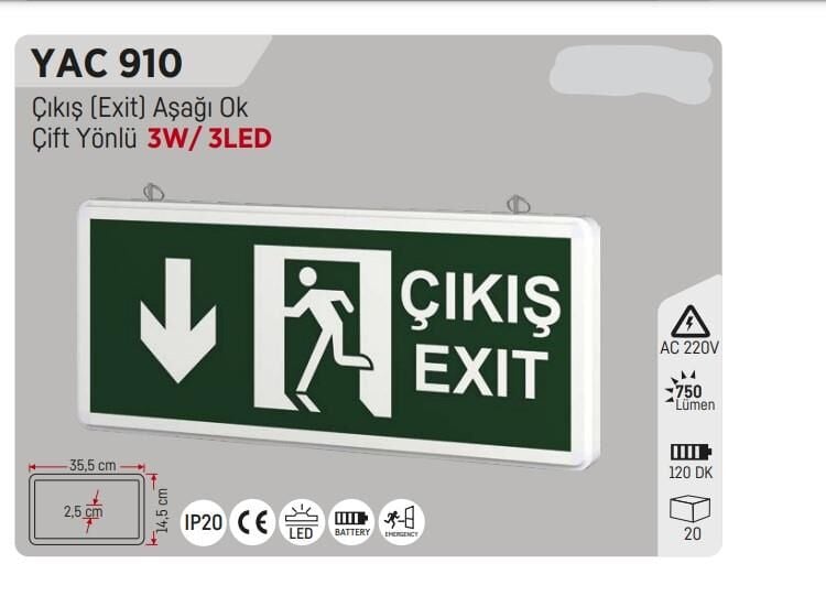 YCL YAC-910 AŞAĞI OK ÇIKIŞ EXİT LEVHASI ŞARJLI LEDLİ